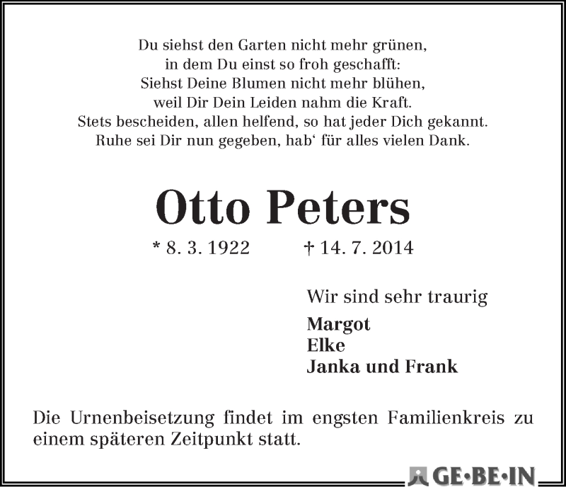 Traueranzeige von Otto Peters von WESER-KURIER