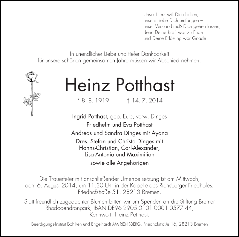 Traueranzeige von Heinz Potthast von WESER-KURIER
