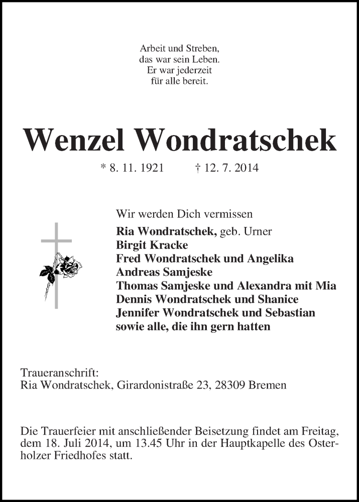 Traueranzeige von Wenzel Wondratschek von WESER-KURIER