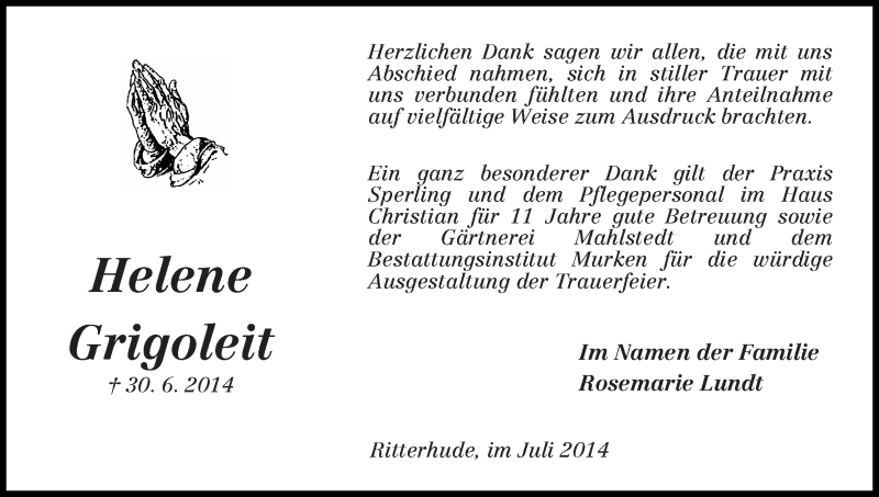 Traueranzeige von Helene Grigoleit von Osterholzer Kreisblatt