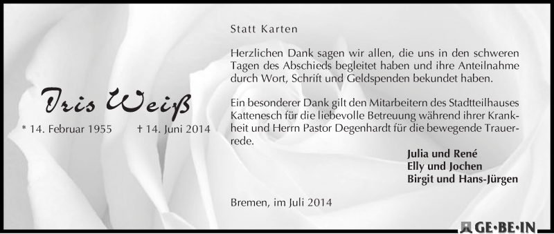Traueranzeige von Iris Weiß von WESER-KURIER