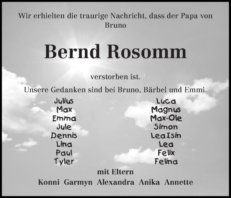 Traueranzeige von Bernd Rosomm von Wuemme Zeitung