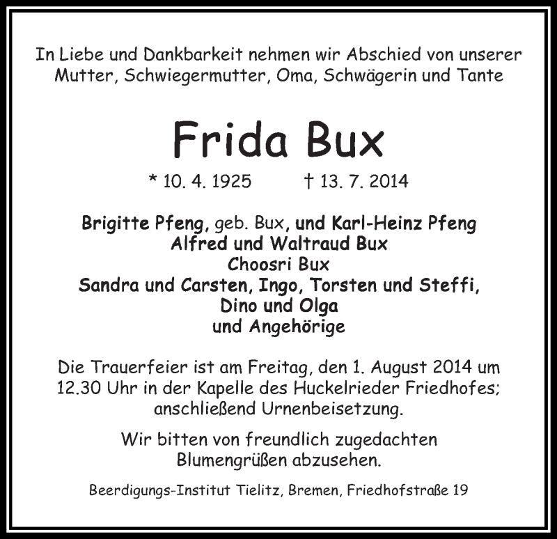 Traueranzeige von Frida Bux von WESER-KURIER