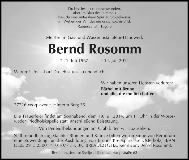 Traueranzeige von Bernd Rosomm von WESER-KURIER