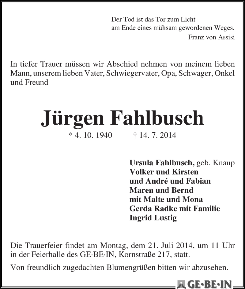 Traueranzeige von Jürgen Fahlbusch von WESER-KURIER