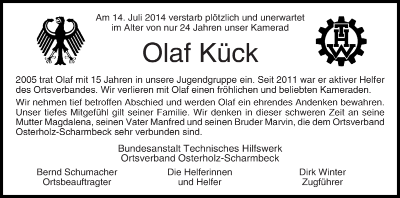 Traueranzeige von Olaf Kück von Osterholzer Kreisblatt