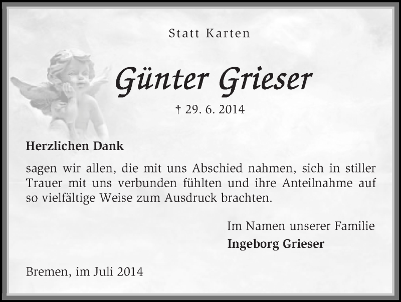 Traueranzeige von Günter Grieser von WESER-KURIER