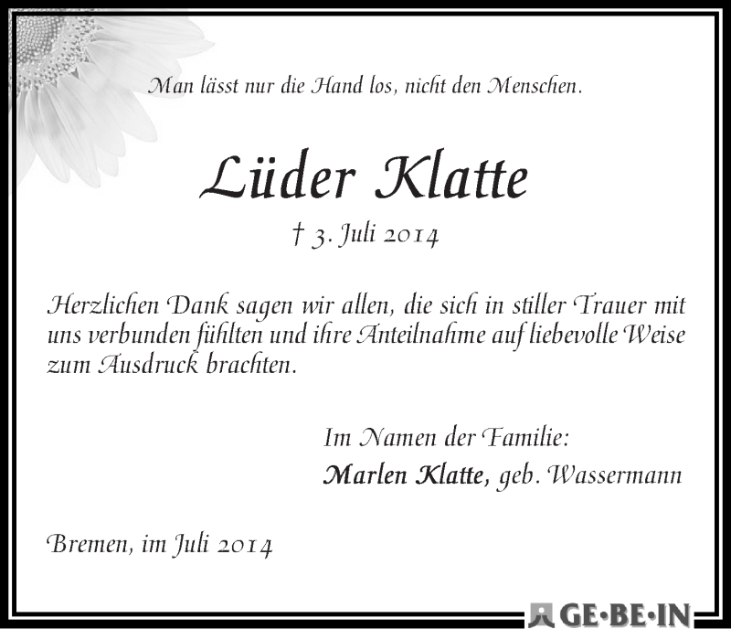 Traueranzeige von Lüder Klatte von WESER-KURIER