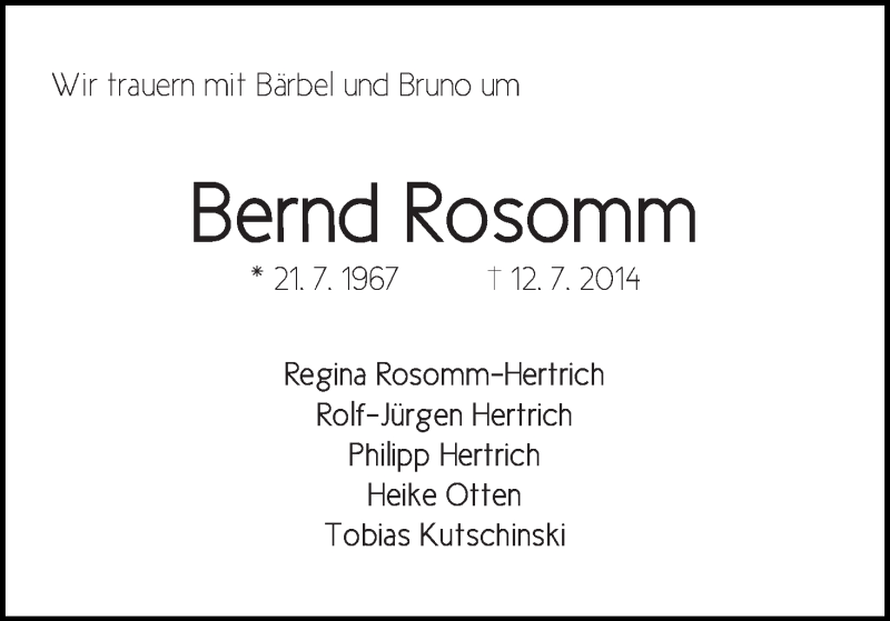 Traueranzeige von Bernd Rosomm von Wuemme Zeitung