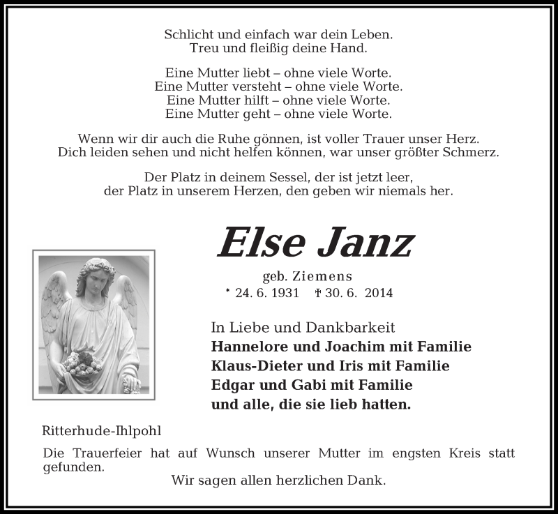 Traueranzeige von Else Janz von Osterholzer Kreisblatt