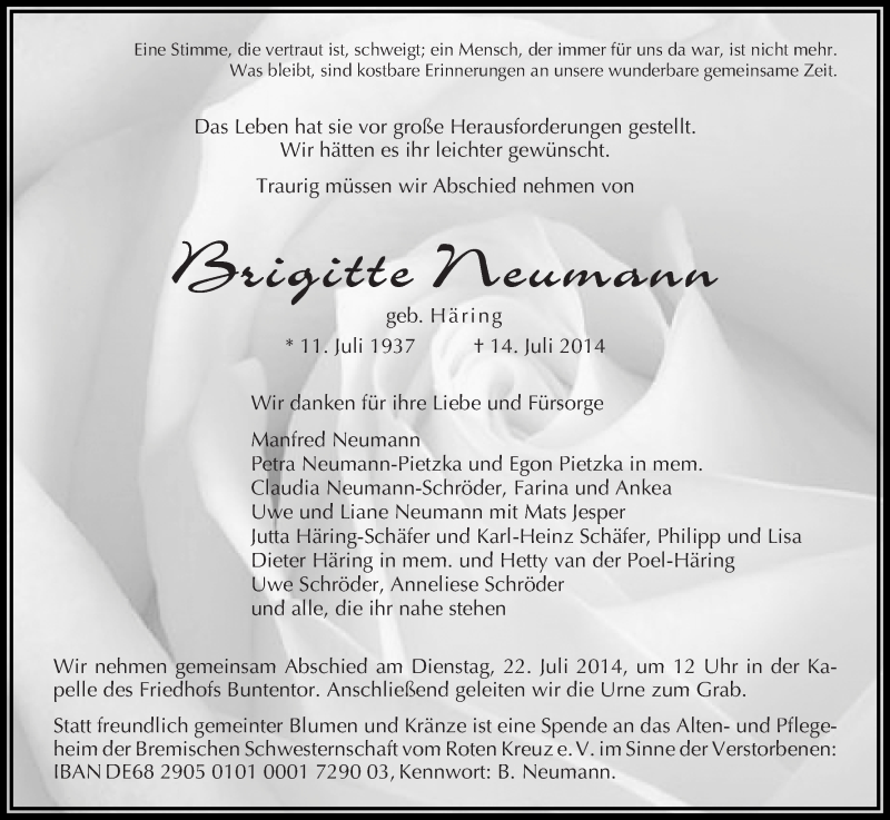 Traueranzeige von Brigitte Neumann von WESER-KURIER