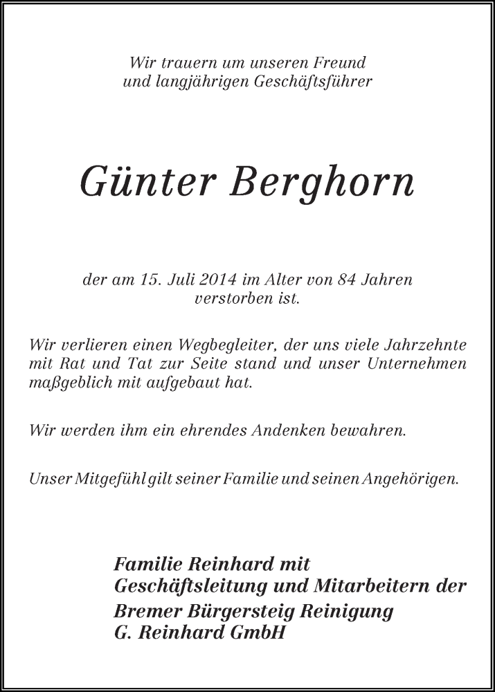 Traueranzeige von Günter Berghorn von WESER-KURIER