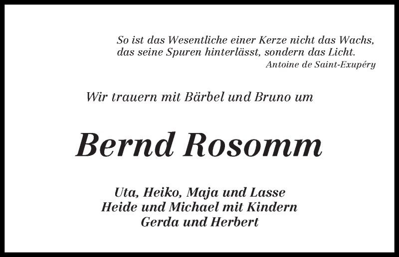 Traueranzeige von Bernd Rosomm von Wuemme Zeitung