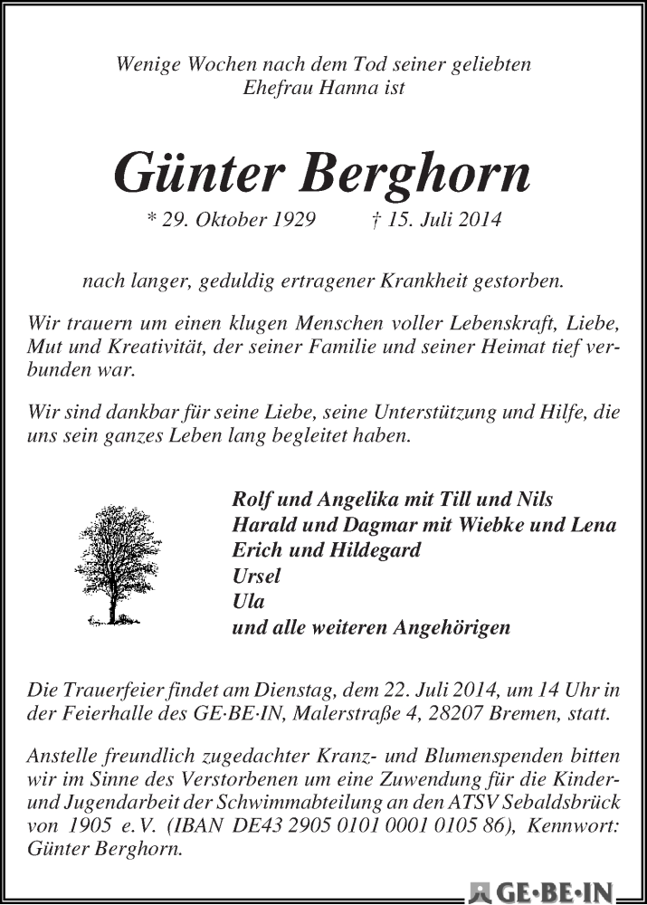 Traueranzeige von Günter Berghorn von WESER-KURIER