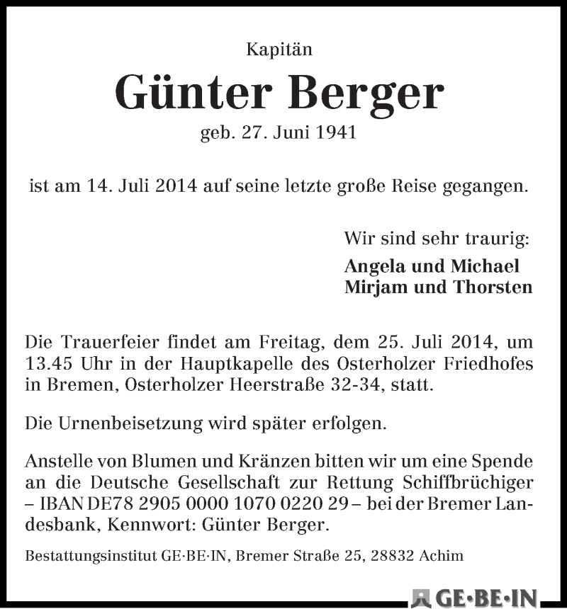 Traueranzeige von Günter Berger von WESER-KURIER