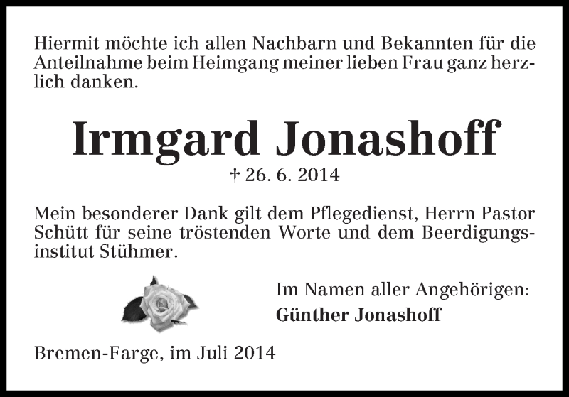 Traueranzeige von Irmgard Jonashoff von Die Norddeutsche
