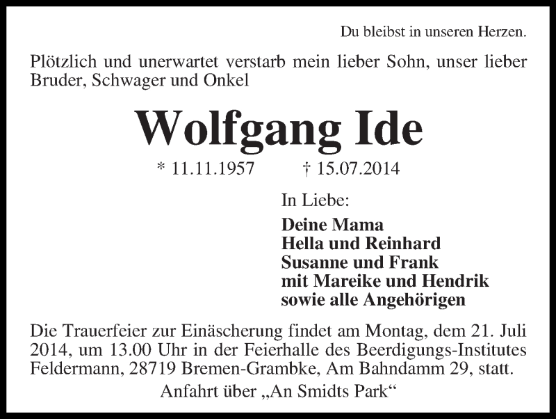 Traueranzeige von Wolfgang Ide von Die Norddeutsche