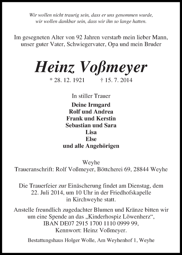 Traueranzeige von Heinz Voßmeyer von WESER-KURIER