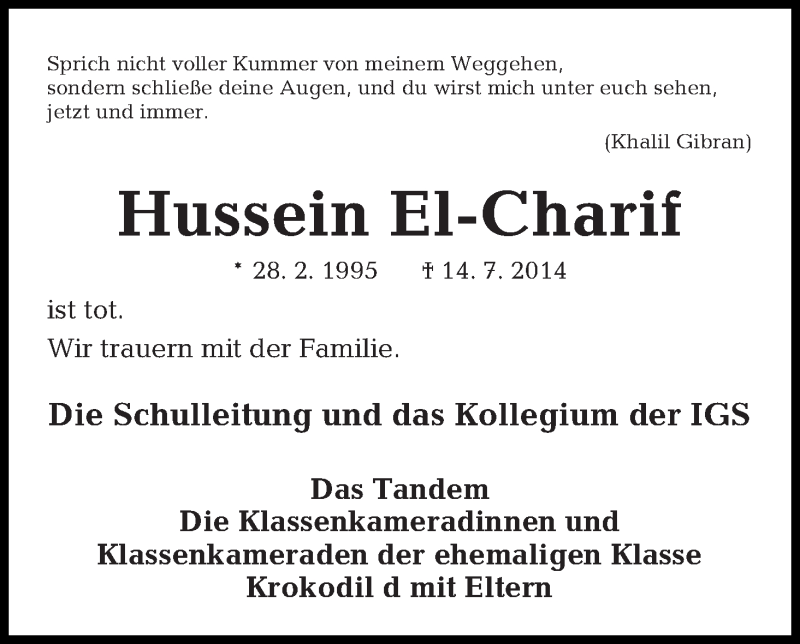 Traueranzeige von Hussein El-Charif von Osterholzer Kreisblatt