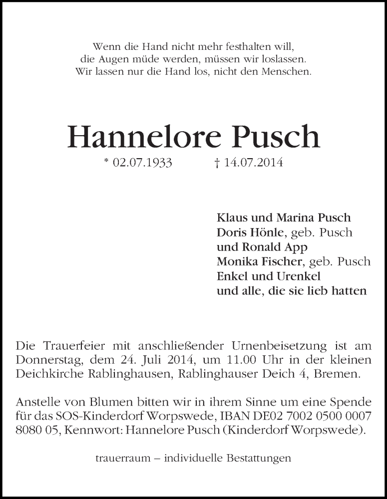 Traueranzeige von Hannelore Pusch von WESER-KURIER