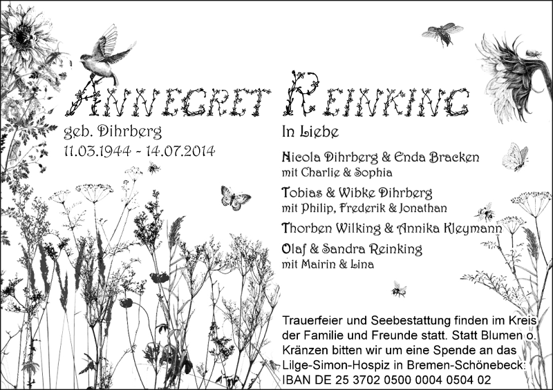 Traueranzeige von Annegret Reinking von WESER-KURIER