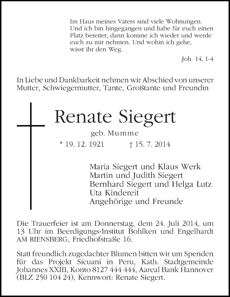 Traueranzeige von Renate Siegert von WESER-KURIER