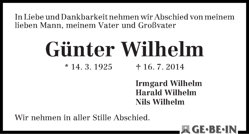 Traueranzeige von Günter Wilhelm von WESER-KURIER