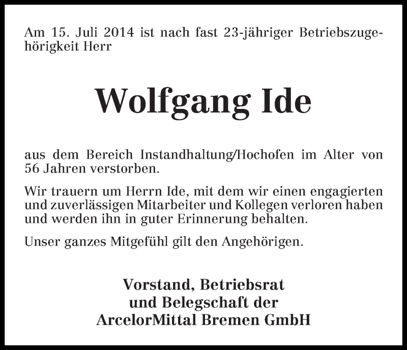 Traueranzeige von Wolfgang Ide von WESER-KURIER