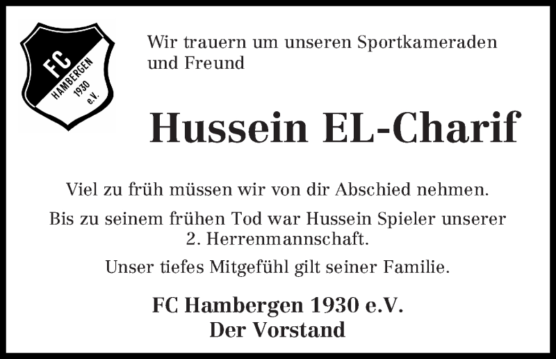 Traueranzeige von Hussein El-Charif von Osterholzer Kreisblatt