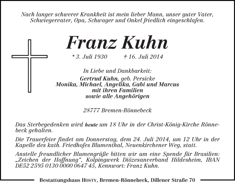 Traueranzeige von Franz Kuhn von Die Norddeutsche