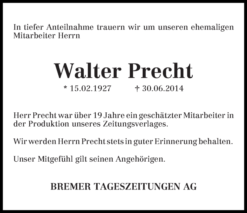 Traueranzeige von Walter Precht von WESER-KURIER