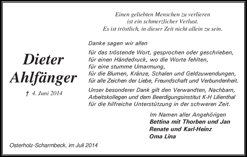 Traueranzeige von Dieter Ahlfänger von Osterholzer Kreisblatt