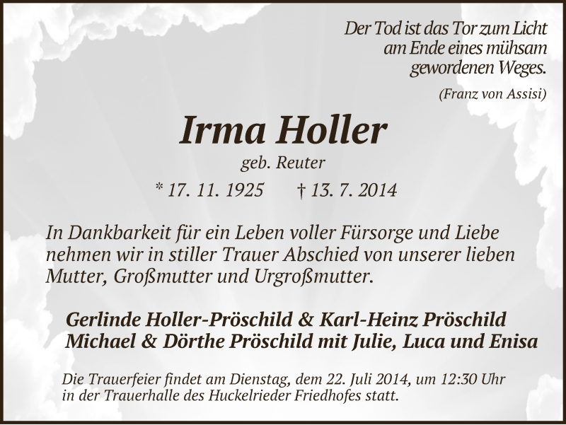 Traueranzeige von Irma Holler von WESER-KURIER