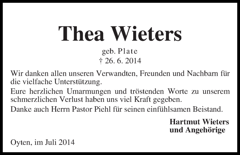 Traueranzeige von Thea Wieters von WESER-KURIER