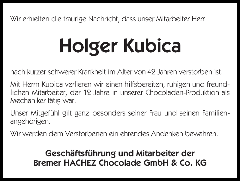 Traueranzeige von Holger Kubica von WESER-KURIER