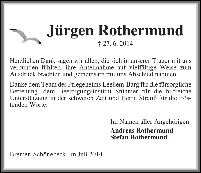 Traueranzeige von Jürgen Rothermund von Die Norddeutsche