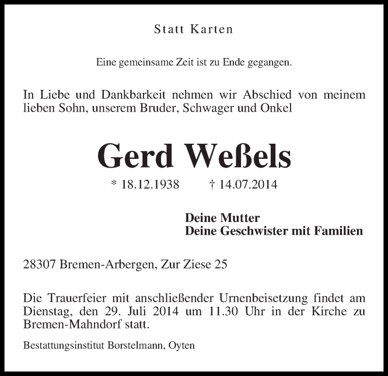 Traueranzeige von Gerd Weßels von WESER-KURIER