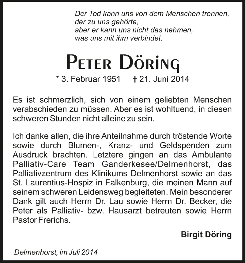 Traueranzeige von Peter Döring von WESER-KURIER