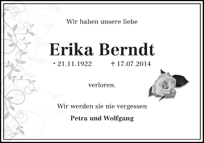 Traueranzeige von Erika Berndt von WESER-KURIER