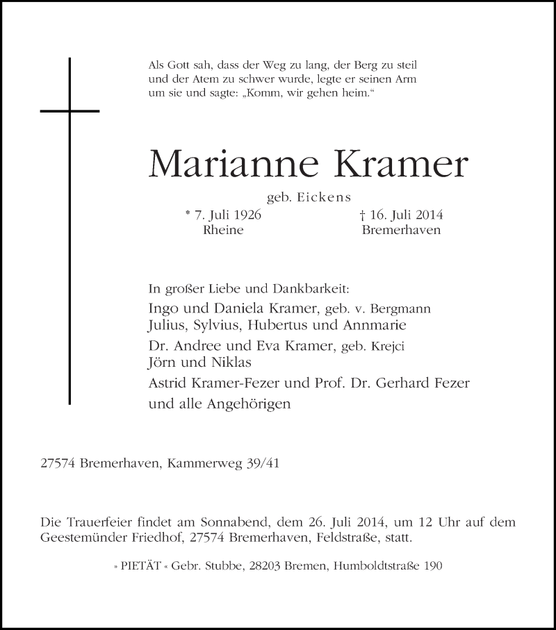 Traueranzeige von Marianne Kramer von WESER-KURIER