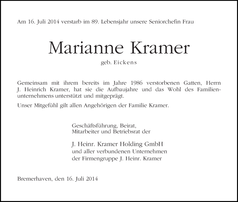 Traueranzeige von Marianne Kramer von WESER-KURIER