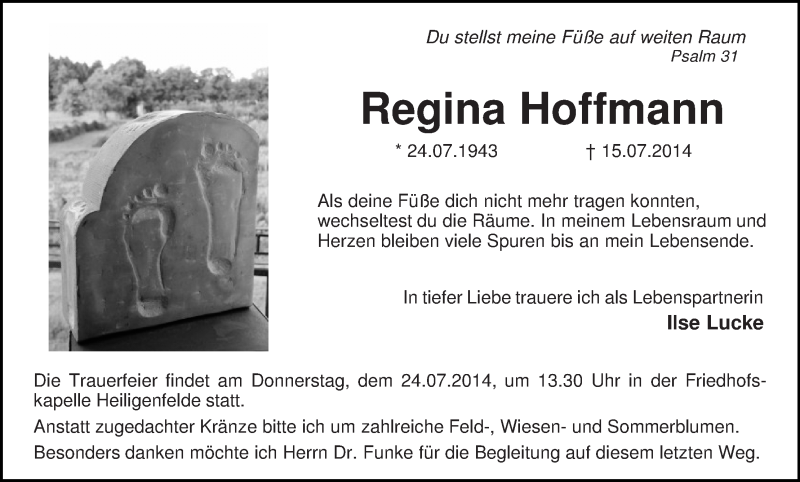 Traueranzeige von Regina Hoffmann von WESER-KURIER