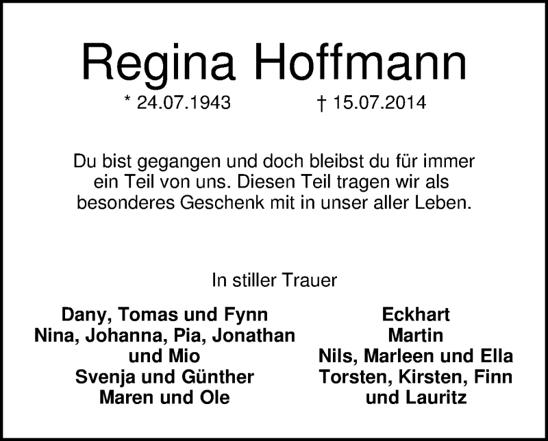 Traueranzeige von Regina Hoffmann von WESER-KURIER