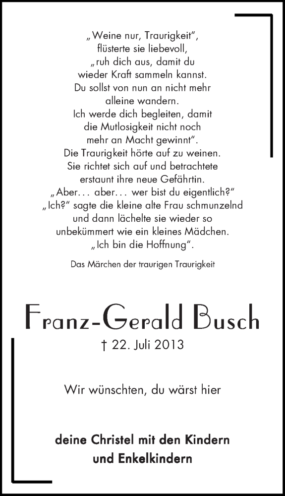 Traueranzeige von Franz-Gerald Busch von Die Norddeutsche