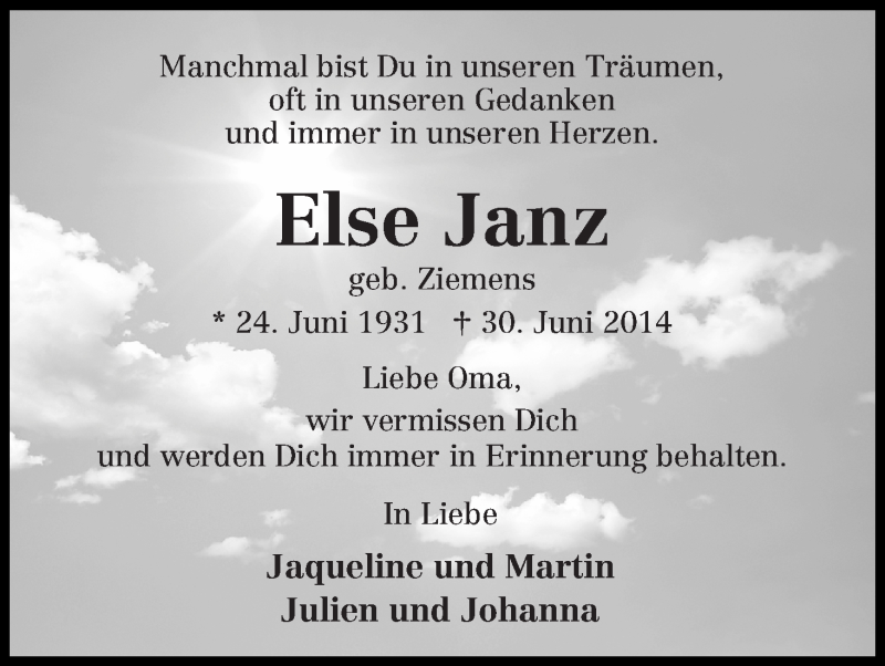 Traueranzeige von Else Janz von Osterholzer Kreisblatt