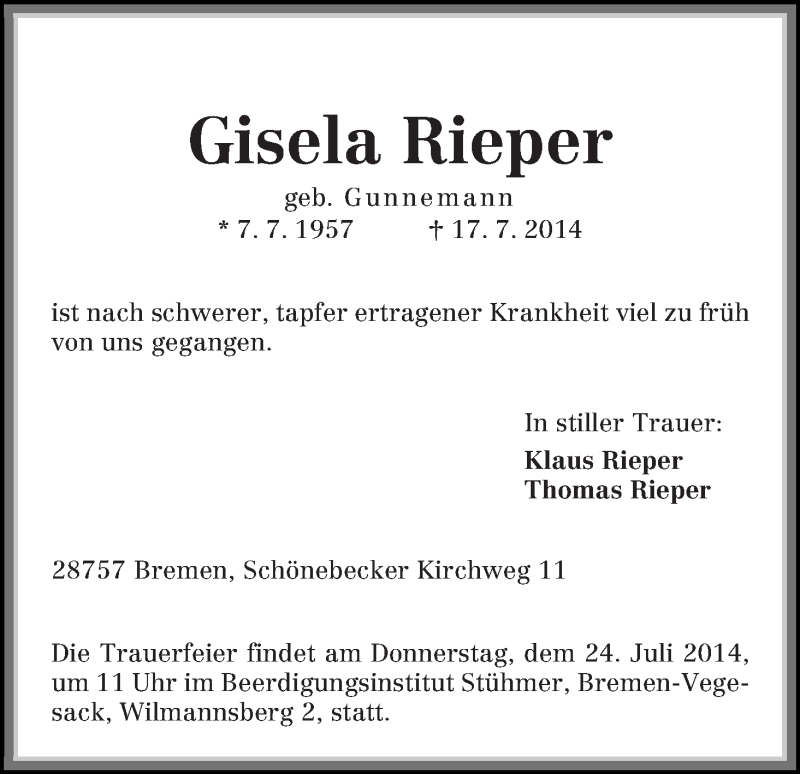 Traueranzeige von Gisela Rieper von Die Norddeutsche