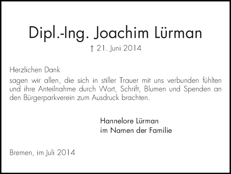 Traueranzeige von Joachim Lürmann von WESER-KURIER
