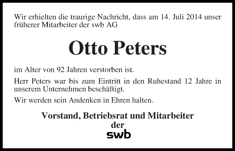 Traueranzeige von Otto Peters von WESER-KURIER