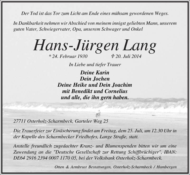 Traueranzeige von Hans-Jürgen Lang von Osterholzer Kreisblatt