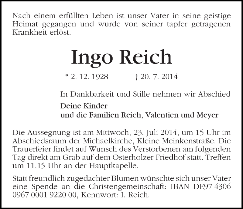 Traueranzeige von Ingo Reich von WESER-KURIER